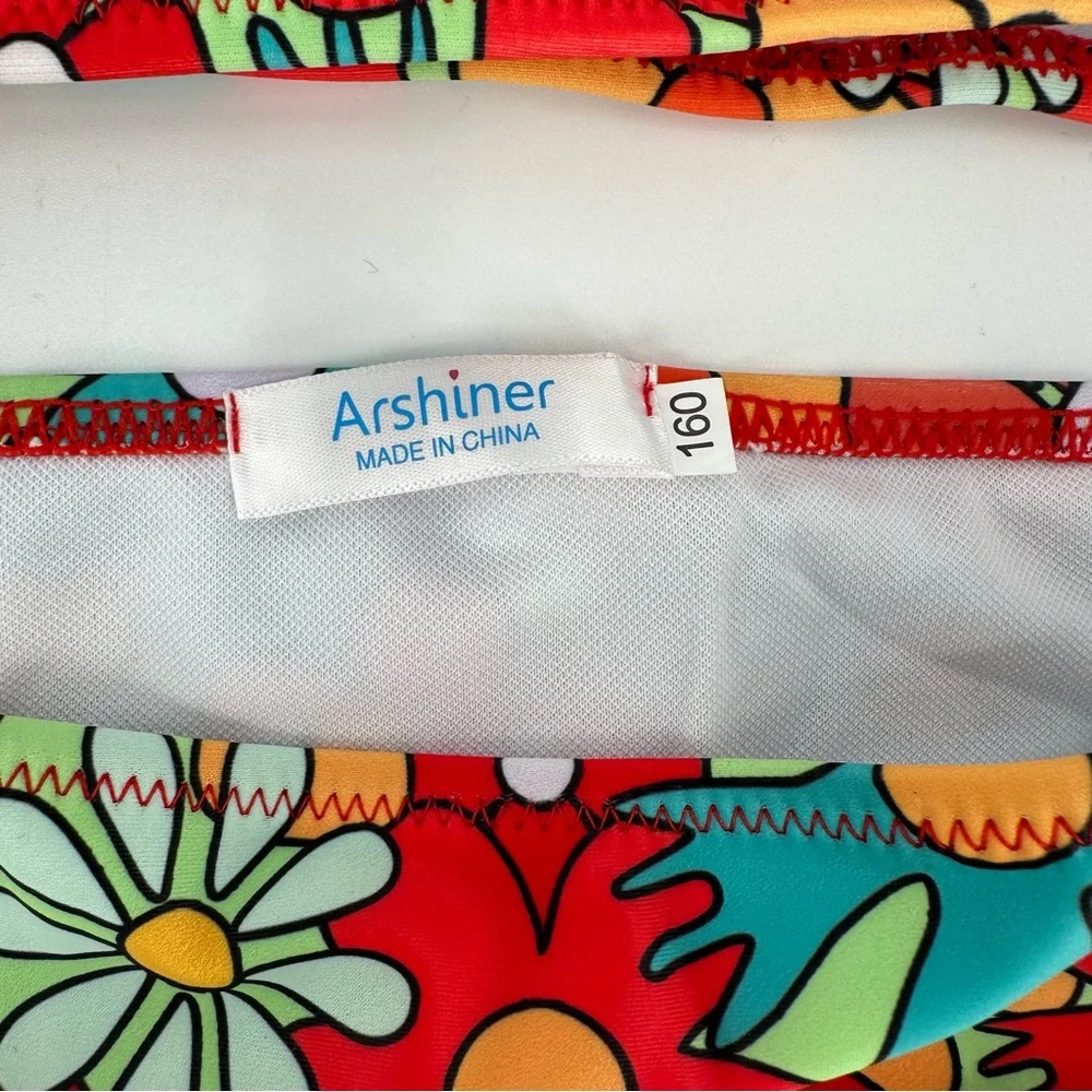 Arshiner Girls Bikini Set Retro Floral One Shoulder Ruffle Size 160 12 - Picture 3 of 4